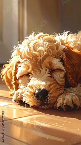 Cavapoo Puppy Napping in Sunlight on Tiled Floor.