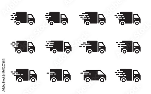 Set of black and white speedy delivery truck symbols on a clean white background collection.