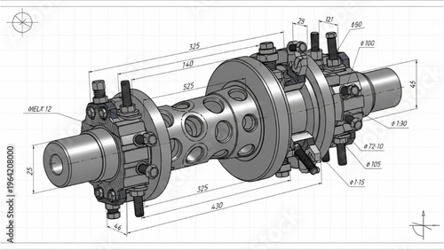Detailed vector CAD design style drawing of mechanical gear components