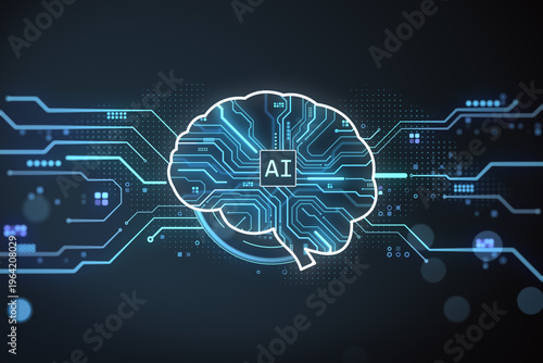 Neon brain circuit AI digital network design glowing with futuristic technology lines and data elements on dark tech background. 3D Rendering