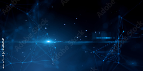 Abstract blue neon network lines and glowing points forming modern digital backdrop texture on dark background connecting nodes design. 3D Rendering