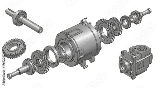 Disassembled mechanical gearbox components in vector CAD design style