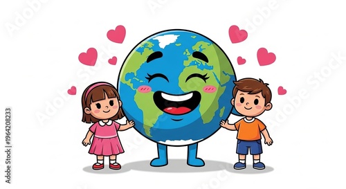Happy cartoon children hugging a smiling earth with hearts floating around them
