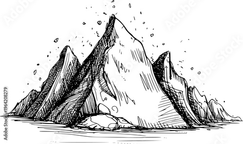 Hand Drawn of Jagged Mountain Peaks with Scattered Rocks and Snowflakes