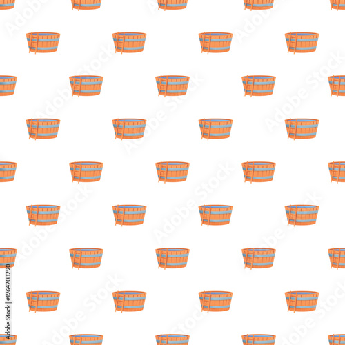 Wooden hot tub barrels with water and a ladder in a seamless pattern