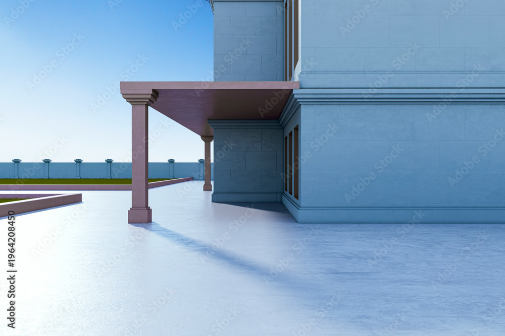 Obraz premium Minimalist outdoors building exterior with modern columns and open terrace under clear sky presenting clean architectural facade and balanced light concept. 3D Rendering