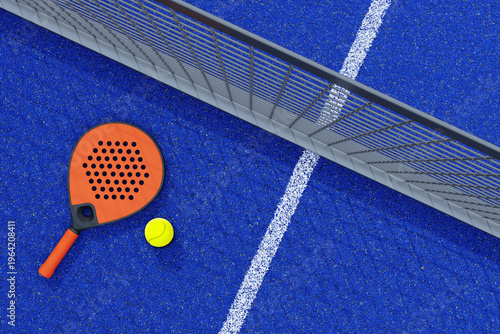 Padel racket and ball lying near net on vibrant blue court surface captured from above highlighting sport equipment and game setting. 3D Rendering