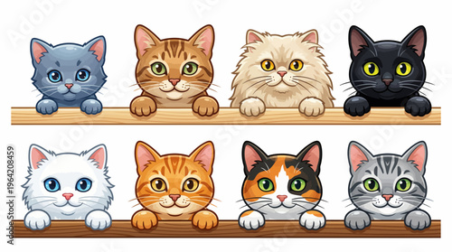 Cute Cartoon Cats and Kittens Peeking Over a Wooden Ledge Illustration Set Featuring Diverse Breeds Like Tabby, Calico, and Fluffy Breeds on a White Background.
