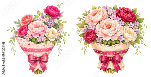 Watercolor floral bouquet collection illustration, romantic flower arrangements with pink ribbons isolated on white background.