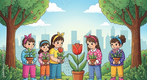 Happy children watering plants and holding potted flowers in a city park setting