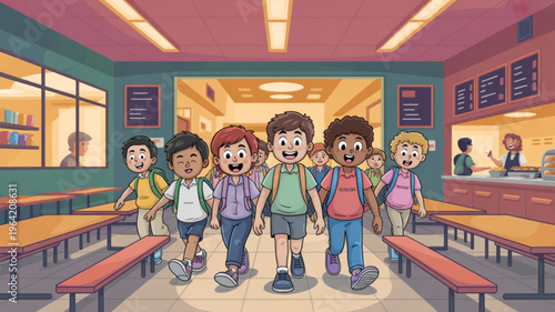 Diverse group of happy school children walking together in a colorful cafeteria during lunchtime with tables and benches