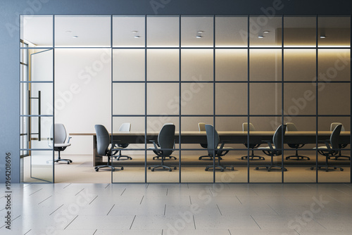 Modern spacious corporate conference room with glass walls, long meeting table, ergonomic chairs in bright office interior with modern lighting. 3D Rendering