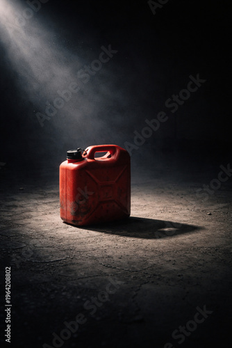 Red plastic jerry can sitting on dusty concrete floor in dramatic light evokes fuel shortage anxiety and survival urgency in industrial empty space