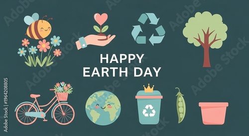 Happy earth day celebration with ecofriendly icons and nature illustrations