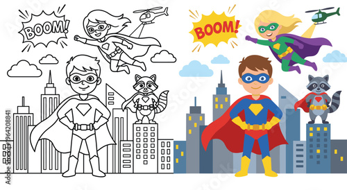 Superhero family flying, saving city. Boy, girl, and raccoon dressed as heroes with capes. Cityscape, buildings, and helicopter in sky. Action and adventure.
