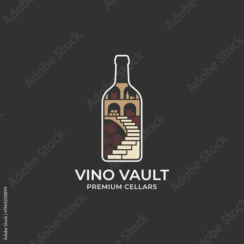 A creative wine vault illustration encapsulated in a bottle design shows luxury and indulgence, perfect for representing premium wine collections and storage solutions.