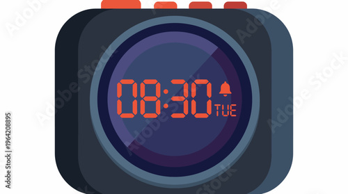 A modern digital alarm clock showcasing the time 08:30 and displaying the day as Tuesday, emphasizing its sleek design and functionality in any contemporary setting.