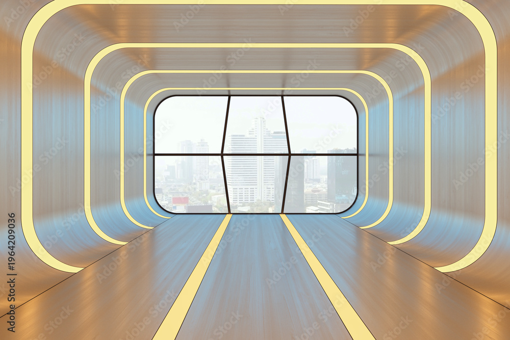Fototapeta premium Futuristic illuminated corridor with curved walls and a large window overlooking a distant cityscape in a sleek modern hall interior design concept.. 3D Rendering