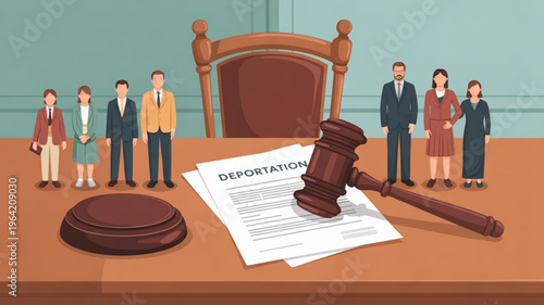 Deportation order on judge's desk with gavel and people standing behind courtroom scene with immigration concept