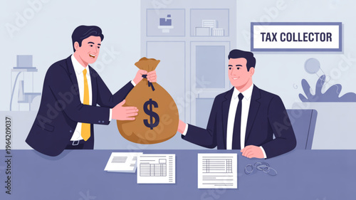 Two businessmen in office exchanging money bag with dollar sign tax collector sign on wall papers on desk professional financial transaction