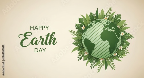 Happy earth day celebration with green globe and leafy plants illustration