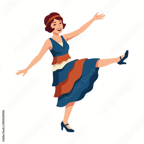 Tableau sur toile A cheerful illustration of a vintage-style dancer, joyfully performing in a blue dress, capturing the essence of liveliness and fun in a delightful artistic expression