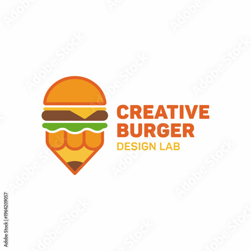 A modern logo design combining a burger and pencil, symbolizing creativity in culinary arts for a burger joint, appealing to a youthful and innovative audience.