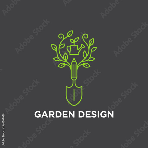A sophisticated logo design for a garden design service featuring a watering can and flora elements, ideal for promoting landscaping and gardening businesses.