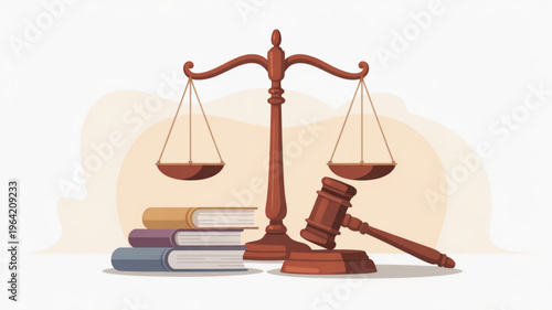 Justice scale with gavel and law books on a desk in a courtroom setting for legal or law concept