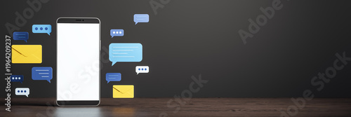 Smartphone with blank screen surrounded by colorful speech bubbles and envelopes on dark background for communication concept. 3D Rendering