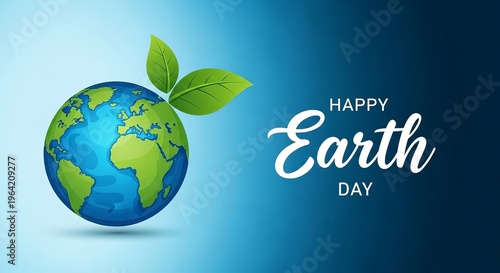 Happy earth day celebration with green planet and leaf illustration design