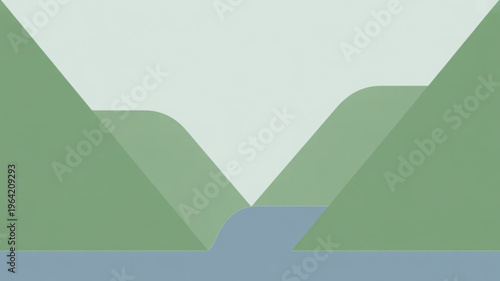 Abstract minimalist landscape with green hills and a blue river representing nature and tranquility ideal for backgrounds and graphic design