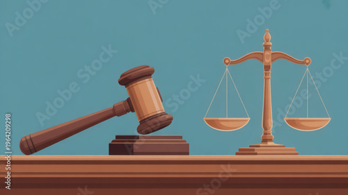 Justice scale and gavel on desk in courtroom setting with blue background symbolizing law and order