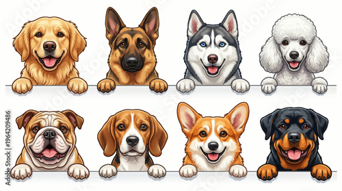 Adorable Collection of Eight Different Dog Breeds Peeking Over a White Border Banner Including Golden Retriever German Shepherd Husky Poodle and Rottweiler.