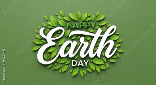 Happy earth day greeting card with green leaves and elegant typography design