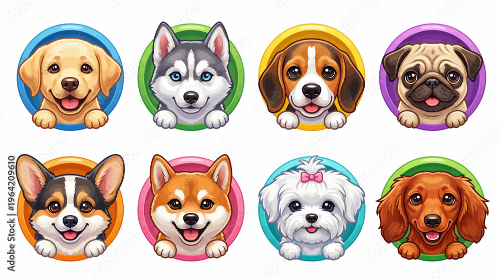 Obraz premium Adorable set of eight cartoon dog breed icons including Labrador, Husky, Beagle, Pug, Corgi, Shiba Inu, Maltese, and Spaniel in vibrant circular frames design.