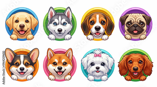 Adorable set of eight cartoon dog breed icons including Labrador, Husky, Beagle, Pug, Corgi, Shiba Inu, Maltese, and Spaniel in vibrant circular frames design.