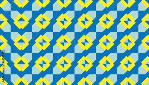 Retro mid-century modern seamless pattern. Abstract geometric pinwheel background in purple and mustard yellow