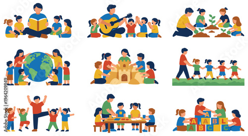 Collection of illustrations depicting children engaged in diverse learning activities like reading, planting, building, and playing. Highlights early childhood development and group interaction.