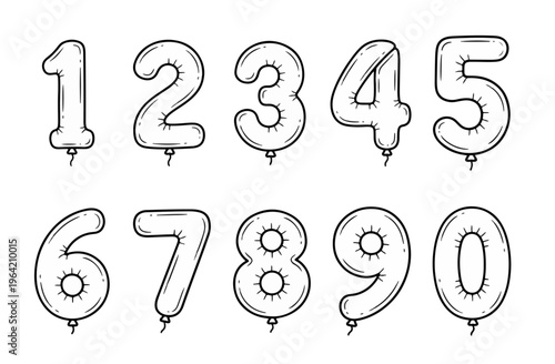Number Balloon Line Art Clipart Set — 0 to 9 Birthday Doodle Balloon Digits 