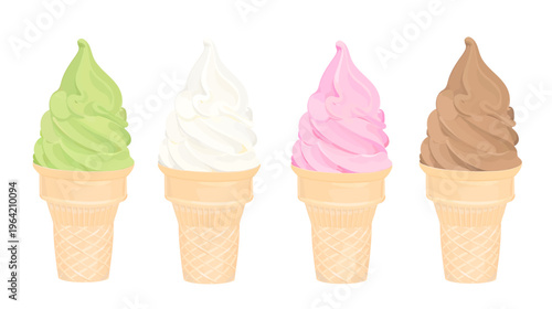 Vector hand drawn illustration of cartoon vanilla, green tea, strawberry and chocolate ice cream on crispy waffle cone. Sweet cold summer dessert illustration isolated on white background.