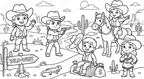Engaging coloring page featuring cowboy characters, cowgirls on horseback, and a desert landscape with cacti and a lizard. Perfect for children to color and explore wild west adventures.