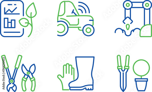 Various icons representing technology, agriculture, and industrial tools