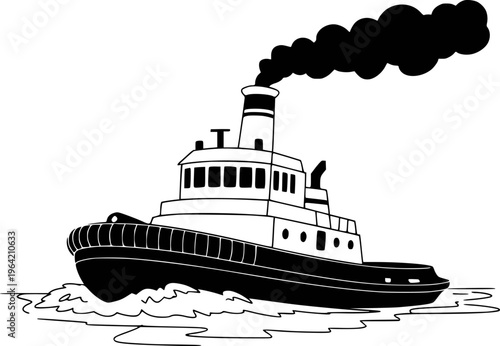 Black and white of a steam tugboat emitting black smoke a white background ship water