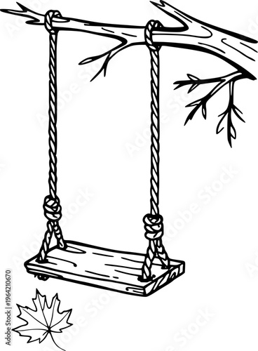 Hand drawn of a wooden swing hanging from a tree branch with a fallen maple leaf below