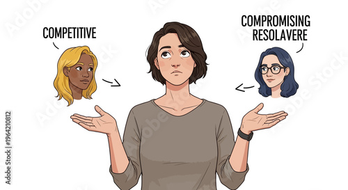 Cartoon woman choosing between competitive and compromising conflict resolution