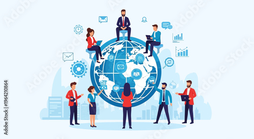Business people around the world globe with communication icons
