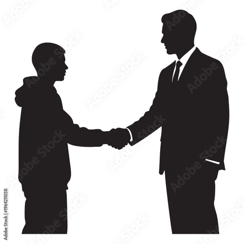 Silhouette of a businessman and a young boy shaking hands representing mentorship partnership and intergenerational connection isolated on white background