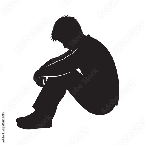 Silhouette of a sad lonely man sitting with head down representing depression and isolation isolated on white background