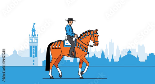 An iconic flat design vector art piece showcasing an elegant Andalusian horse rider, a symbol of the traditional equestrian displays at Feria de Abril. 
